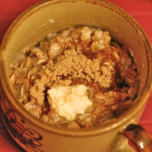 Morning Grains Morning grains topped with brown sugar in a mug.