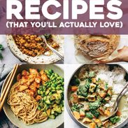 Eight finished dishes of food illustrate pantry recipes.