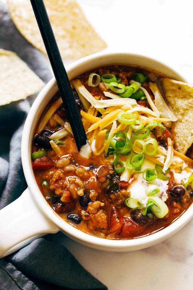 Ancho turkey chili in a bowl.