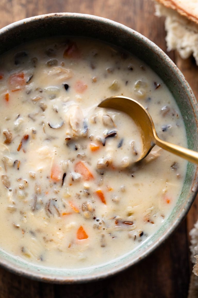 Wild rice soup in a bowl.
