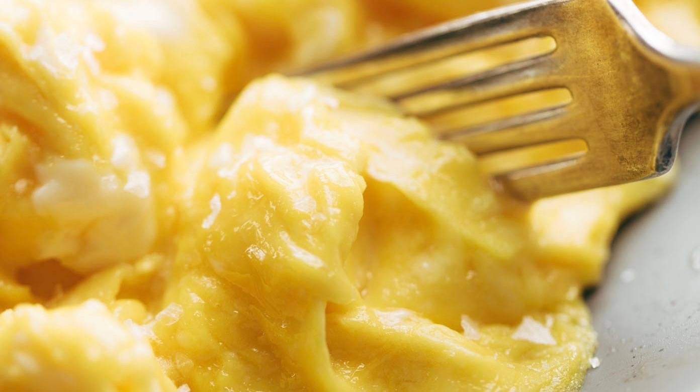 Soft Scrambled Eggs on plate with fork.