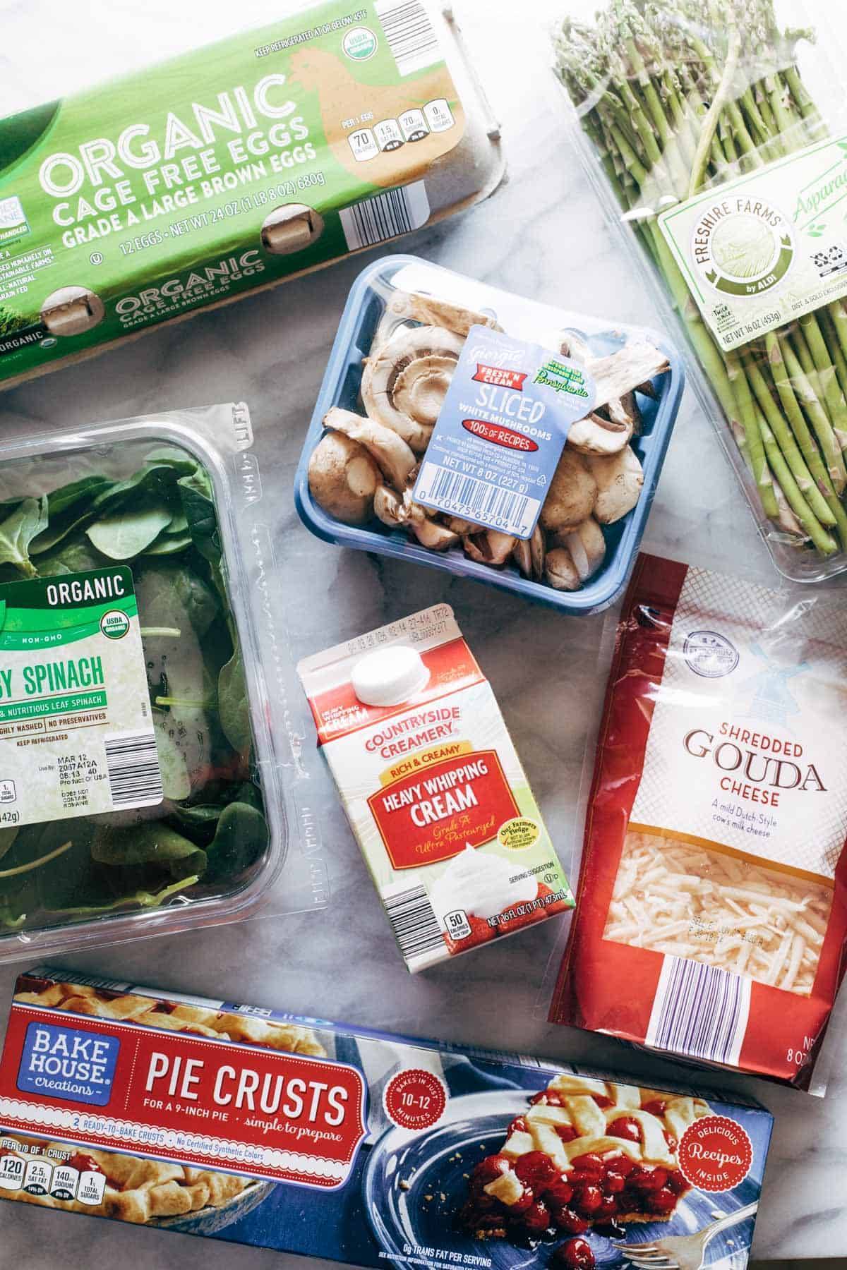 ALDI ingredients for vegetable quiche.