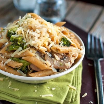 A picture of Rustic Garlic Butter Pasta with Roasted Broccoli and Sauteed Mushrooms