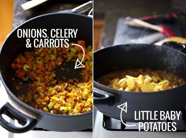 Onions, celery, and carrots in a pot.