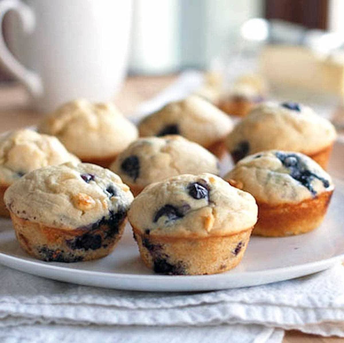 White chocolate blueberry muffins on a plate.